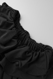 Black Sweet Elegant Solid Flounce Oblique Collar Regular Jumpsuits