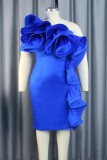 Blue Sexy Party Formal Solid Patchwork Backless Oblique Collar Wrapped Skirt Dresses
