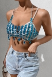 Blue Sexy Patchwork Hollowed Out Chains Backless Halter Tops