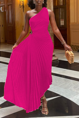 Rose Red Fashion Solid Hollowed Out One Shoulder Cake Skirt Dresses