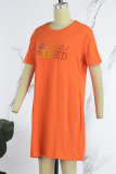 Orange Casual Letter Print Basic O Neck Short Sleeve Dress