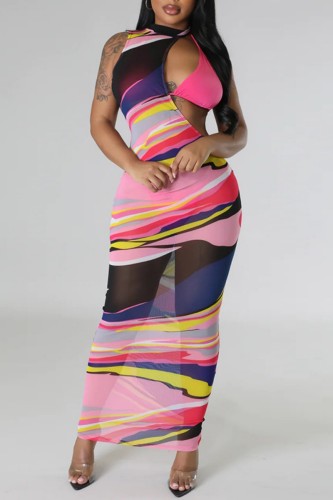 Multi-color Sexy Print Hollowed Out See-through Backless Asymmetrical Half A Turtleneck Sleeveless Three Piece Set