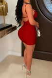 Red Sexy Patchwork See-through Backless Spaghetti Strap Wrapped Skirt Dresses