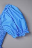 Blue Casual Print Patchwork Off the Shoulder Short Sleeve Dress Dresses