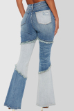 Blue Casual Patchwork Ripped High Waist Regular Denim Jeans