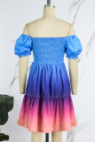 Blue Casual Print Patchwork Off the Shoulder Short Sleeve Dress Dresses