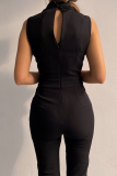 Black Casual Work Solid Pocket Frenulum V Neck Regular Jumpsuits