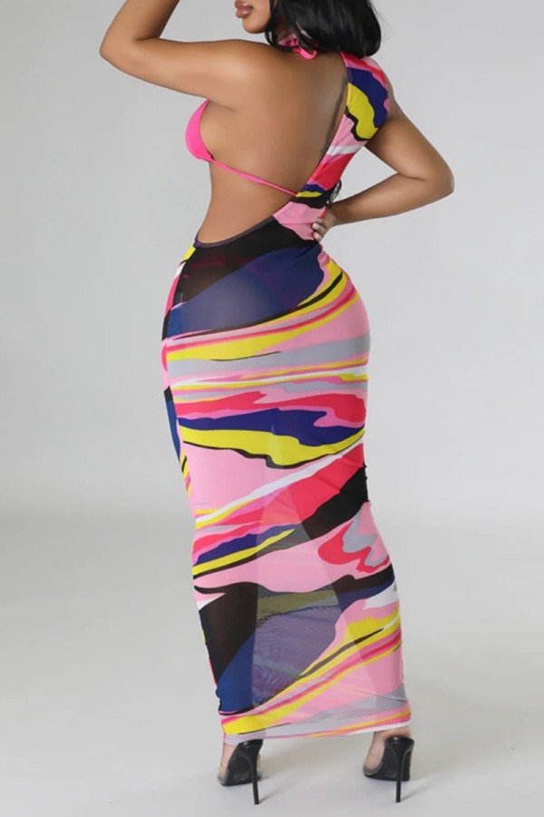 Sexy slight stretch mesh leopard backless three-piece set maxi dress main image 1