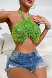 Fluorescent Green Sexy Solid Hollowed Out Patchwork Chains Backless Halter Tops
