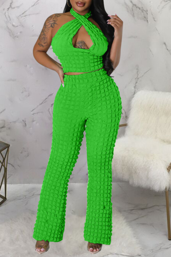 Green Sexy Solid Hollowed Out Patchwork Backless Halter Sleeveless Two Pieces