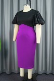 Black Casual Patchwork Contrast O Neck One Step Skirt Dresses