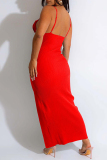 Rose Red Sexy Solid Backless Slit Spaghetti Strap Long Dress Dresses