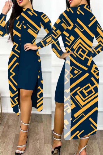 Blue Yellow Casual Print Patchwork Turtleneck Long Sleeve Two Pieces