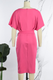 Pink Elegant Solid Patchwork Fold Zipper O Neck Wrapped Skirt Dresses(With Belt)
