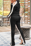 Black Casual Solid Patchwork Slit Zipper Collar Long Sleeve Two Pieces