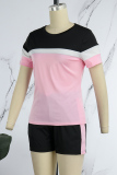 Pink Casual Patchwork Contrast O Neck Short Sleeve Two Pieces