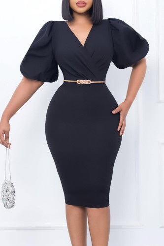 Black Casual Solid Patchwork V Neck Wrapped Skirt Dresses