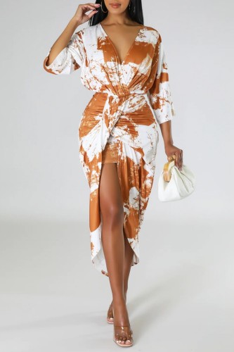 Brown Casual Print Patchwork V Neck Irregular Dress Dresses