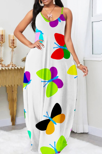White Sexy Casual Print Backless Spaghetti Strap Long Dress Dresses
