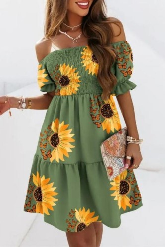 Green Casual Print Patchwork Off the Shoulder Short Sleeve Dress Dresses