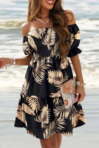 Black khaki Casual Print Patchwork Off the Shoulder Short Sleeve Dress Dresses