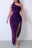 Dark Purple Sexy Formal Patchwork Sequins Backless Slit Oblique Collar Evening Dress Dresses
