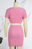 Pink Casual Solid Patchwork V Neck Short Sleeve Two Pieces