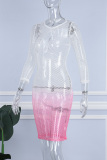 White Pink Sexy Gradual Change Print Hollowed Out See-through O Neck Long Sleeve Dresses