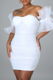 White Sexy Solid Patchwork Backless Mesh Strapless Wrapped Skirt Dresses