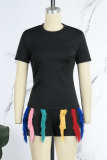 Black Casual Solid Tassel Patchwork O Neck Short Sleeve Two Pieces