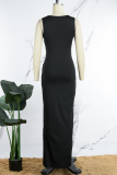 Black Sexy Solid Hollowed Out Slit O Neck Long Dress Dresses