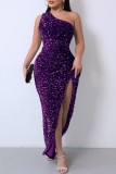 Dark Purple Sexy Formal Patchwork Sequins Backless Slit Oblique Collar Evening Dress Dresses