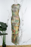 Colour Sexy Print Draw String Frenulum Slit O Neck Long Dress Dresses
