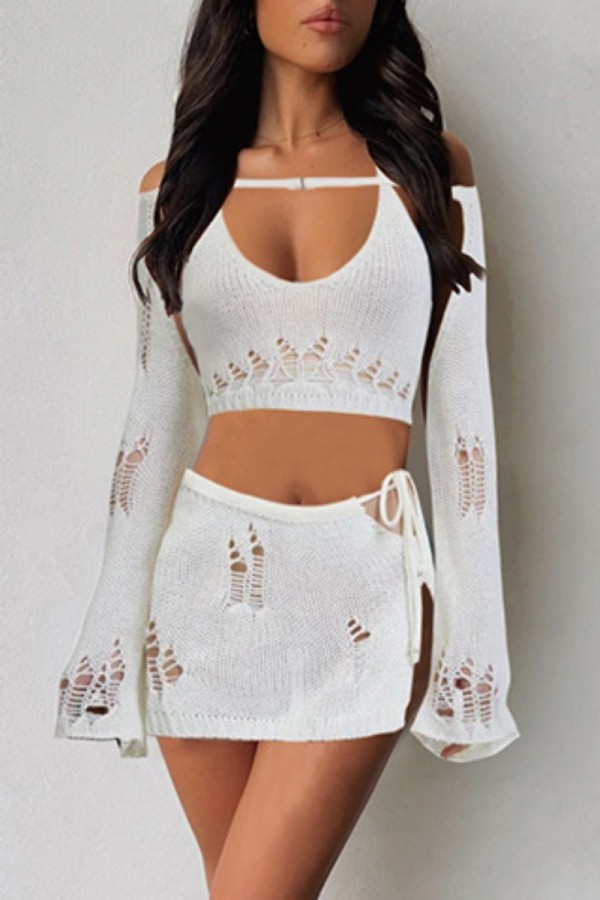 White Sexy Solid Ripped Bandage Backless Off the Shoulder Long Sleeve Three Piece Set