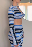Blue Casual Striped Patchwork V Neck Long Sleeve Two Pieces