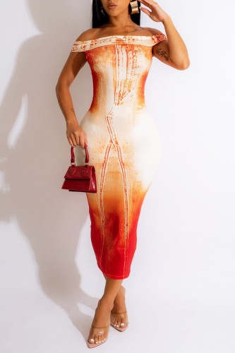Orange Casual Print Backless Off the Shoulder One Step Skirt Dresses