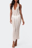 White Sexy Solid Bandage See-through Backless Halter Long Dress Dresses