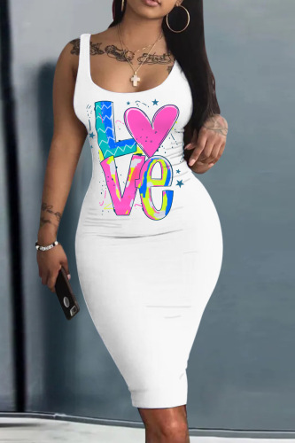White Casual Print Basic U Neck Vest Dress Dresses