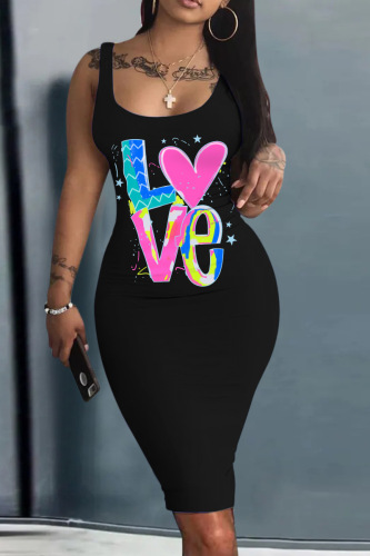 Black Pink Casual Print Basic U Neck Vest Dress Dresses