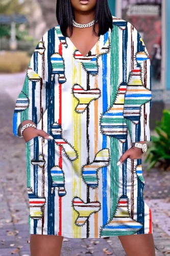 White Casual Print Patchwork V Neck Long Sleeve Dresses