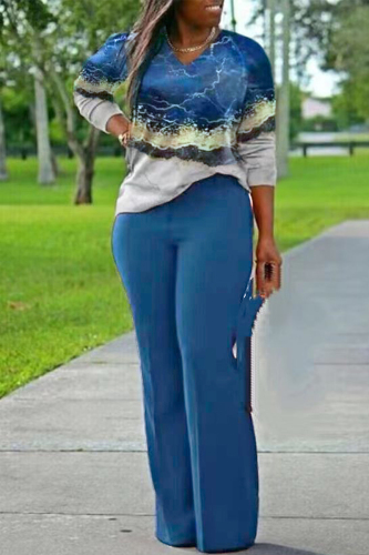 Blue Casual Print Patchwork V Neck Long Sleeve Two Pieces