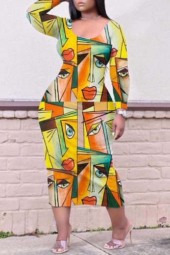 Yellow Casual Print Basic O Neck Long Sleeve Dresses