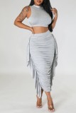 Grey Casual Solid Patchwork Fold Half A Turtleneck Sleeveless Two Pieces
