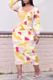 Yellow Casual Print Basic O Neck Long Sleeve Dresses