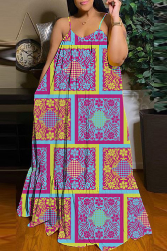 Purple Yellow Sexy Casual Print Backless Spaghetti Strap Long Dress Dresses