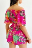 Apricot Floral Print Off Shoulder Short Sleeve Crop Top and Shorts Daily Vacation Two Piece Matching Set