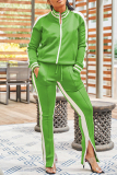 Green Casual Solid Patchwork Slit Zipper Collar Long Sleeve Two Pieces