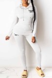 White Casual Print Letter Hooded Collar Long Sleeve Two Pieces