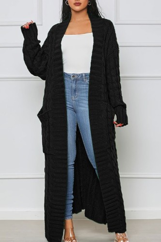 Black Casual Street Solid Slit Cardigan Weave Outerwear