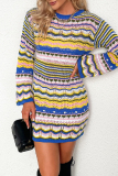 Blue Casual Striped Patchwork O Neck Long Sleeve Dresses